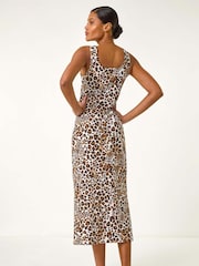 Roman Brown Animal Print 100% Cotton Strappy Midi Dress - Image 3 of 5