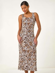 Roman Brown Animal Print 100% Cotton Strappy Midi Dress - Image 4 of 5