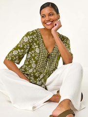 Roman Green Floral Print Tassel Tunic Top - Image 1 of 5