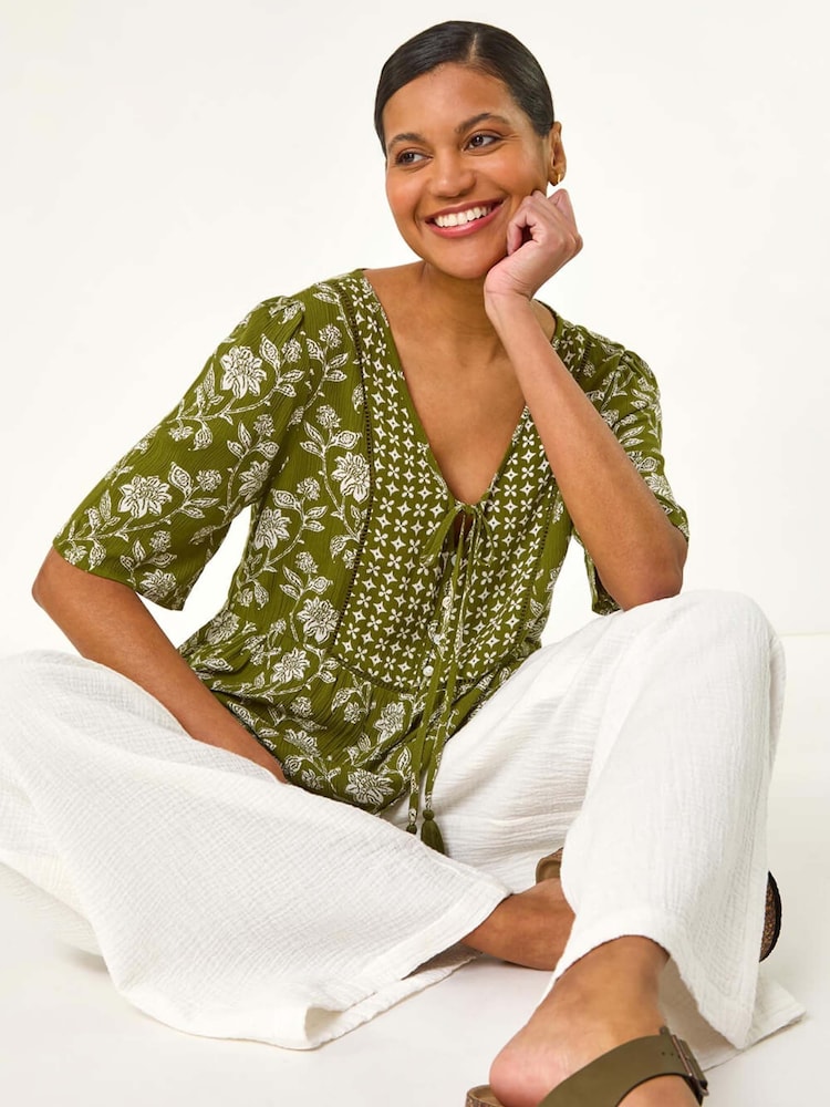 Roman Green Floral Print Tassel Tunic Top - Image 1 of 5