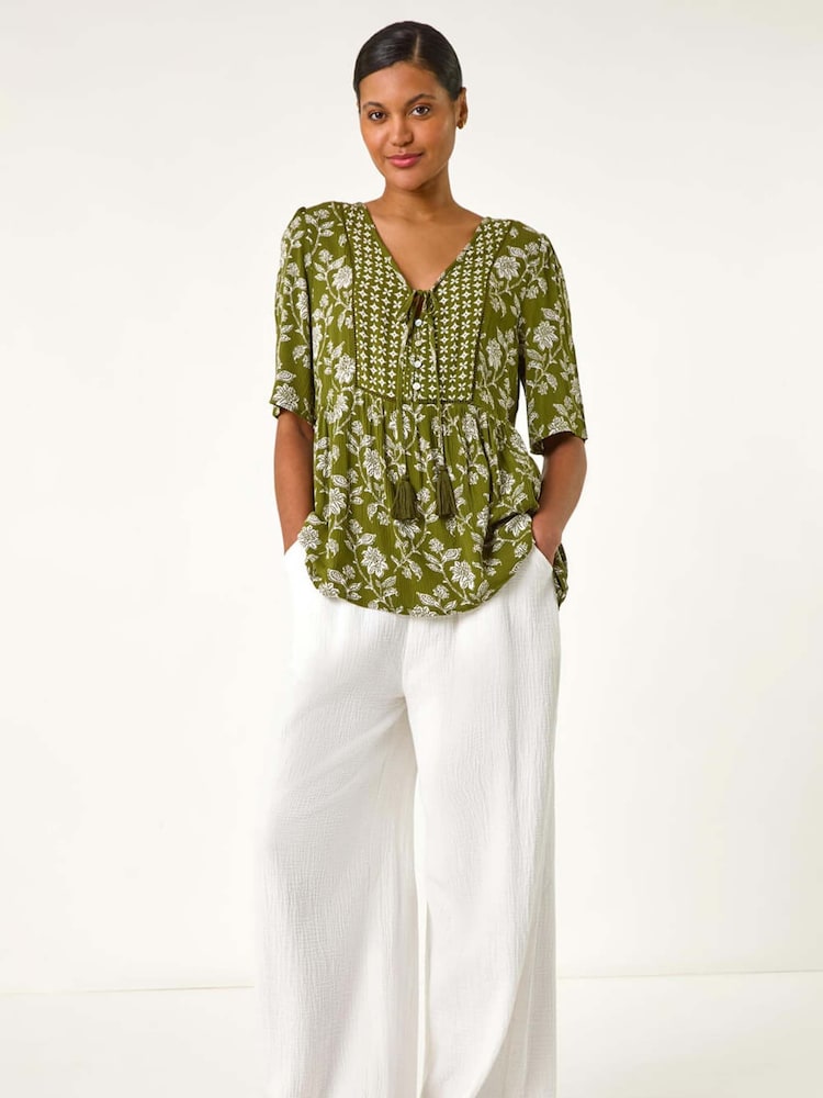 Roman Green Floral Print Tassel Tunic Top - Image 2 of 5