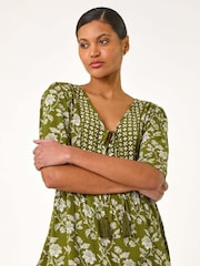 Roman Green Floral Print Tassel Tunic Top - Image 4 of 5