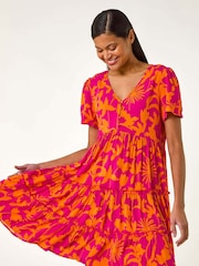 Roman Orange Shadow Floral Tiered Smock Dress - Image 2 of 5