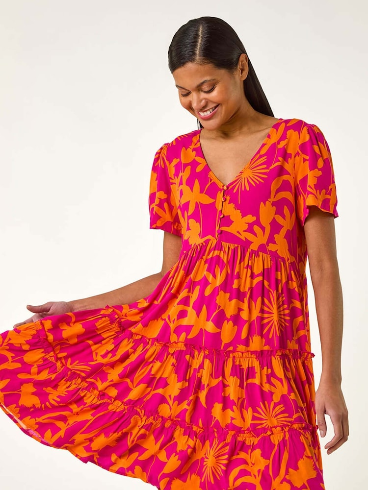 Roman Orange Shadow Floral Tiered Smock Dress - Image 2 of 5