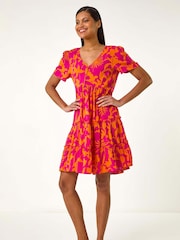 Roman Orange Shadow Floral Tiered Smock Dress - Image 3 of 5
