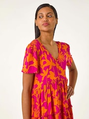 Roman Orange Shadow Floral Tiered Smock Dress - Image 4 of 5