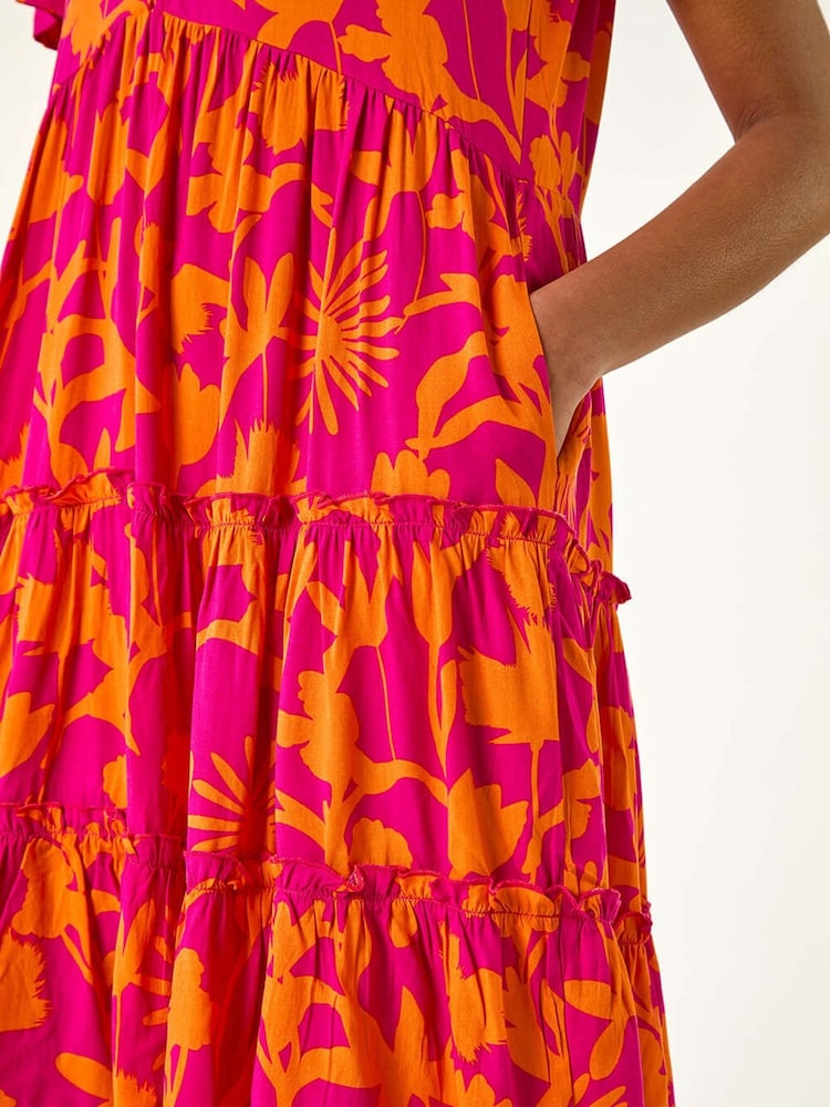 Roman Orange Shadow Floral Tiered Smock Dress - Image 5 of 5