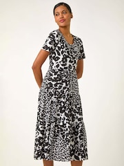Roman Black Floral Print Tiered Midi Dress - Image 1 of 5