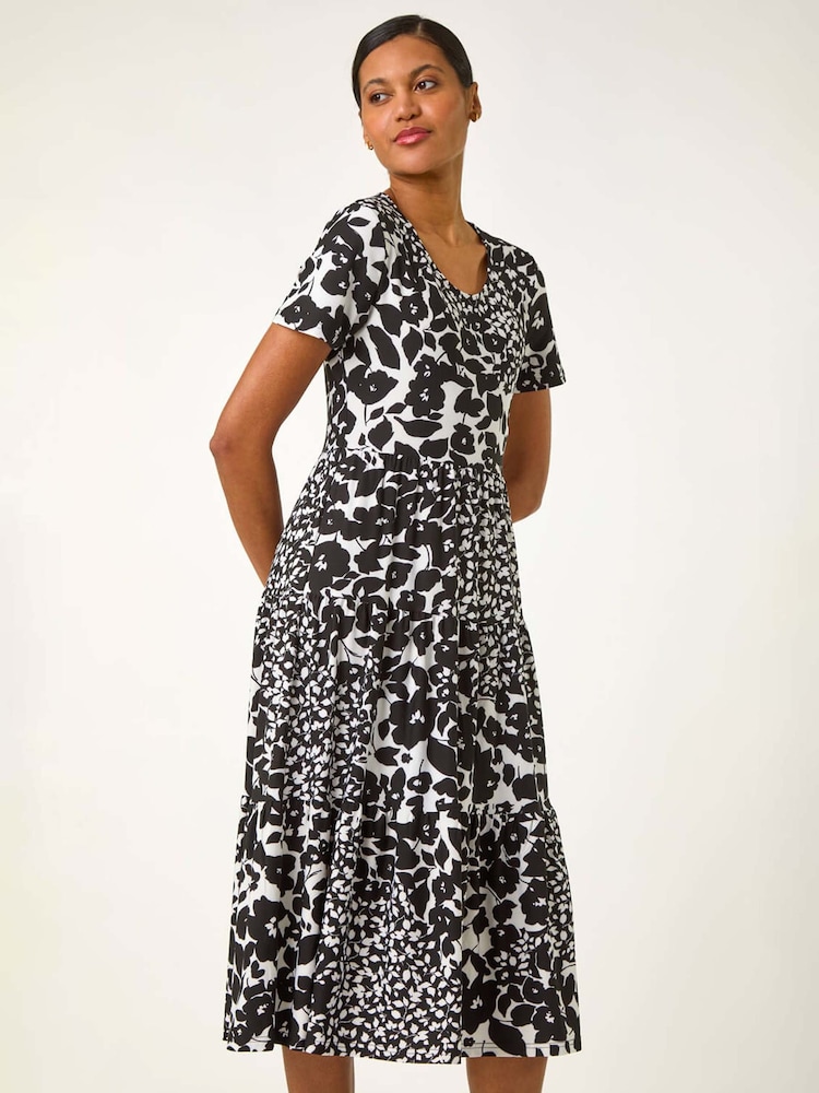 Roman Black Floral Print Tiered Midi Dress - Image 1 of 5