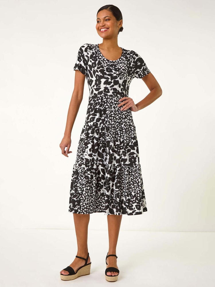 Roman Black Floral Print Tiered Midi Dress - Image 2 of 5