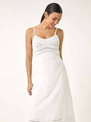 Roman White 100% Cotton Lace Panel Strappy Midi Dress - Image 1 of 5