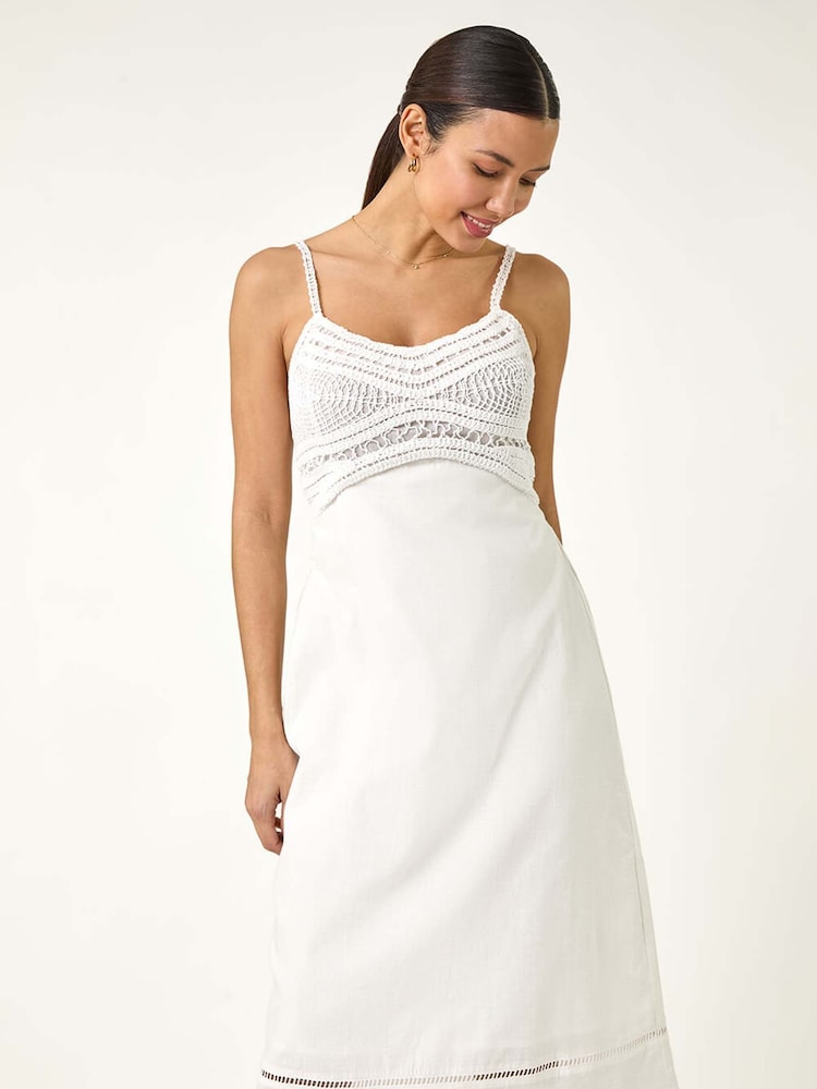 Roman White 100% Cotton Lace Panel Strappy Midi Dress - Image 1 of 5