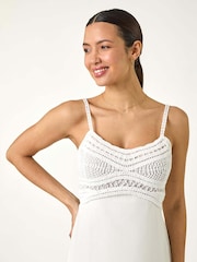 Roman White 100% Cotton Lace Panel Strappy Midi Dress - Image 4 of 5