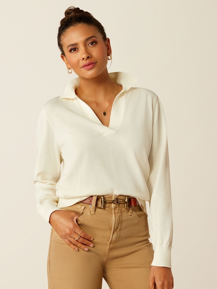 Ariat Cream Langsett Collared V-Neck Jumper - Image 1 of 5