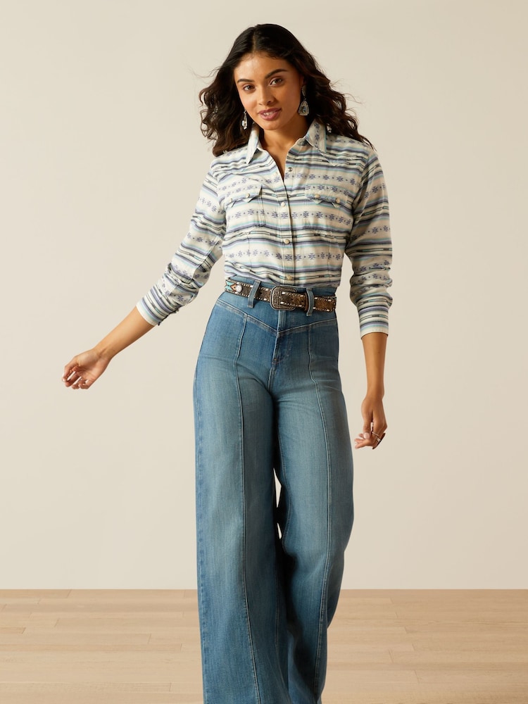 Chemise Western Fille Ariat - Bleue - Taille S (8 Ans) - Broderies Fleurs - Boutons Snap