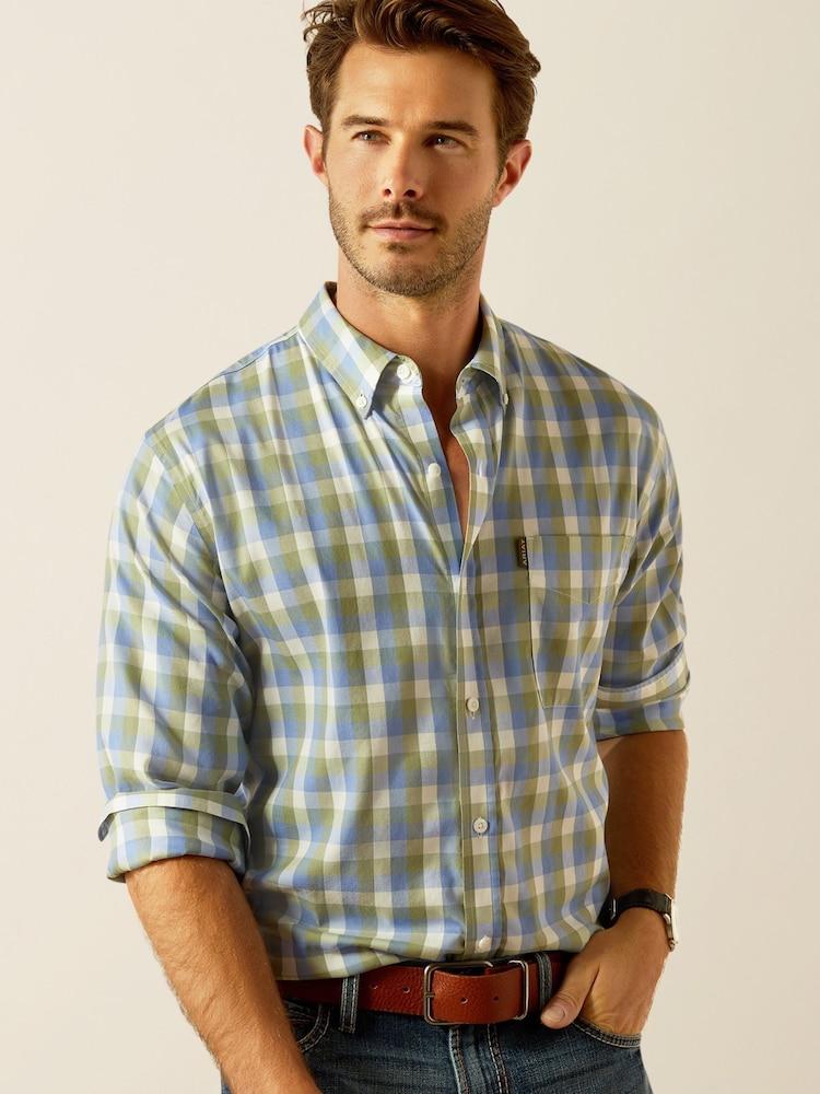Зеленый - Ariat Blue Napa Button Down Long Sleeve Plaid Shirt - Image 1 of 5