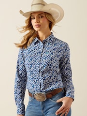 Ariat Blue Kirby Floral Ditsy Wrinkle Resist Stretch Shirt - Image 1 of 4