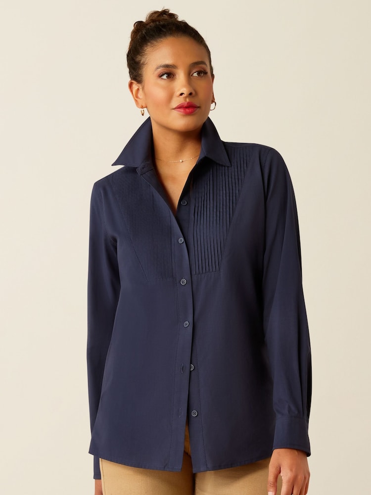 Ariat Blue Oban Pleated Bib Front Tencel Linen Blend Shirt - Image 1 of 4 Ariat Blue Oban Pleated Bib Front Tencel Linen Blend Shirt - Image 1 of 4