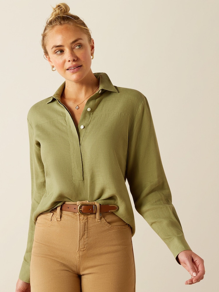 Ariat Green Pocklington 100% Wrinkle Free Linen Popover 100% Linen Shirt - Image 1 of 4