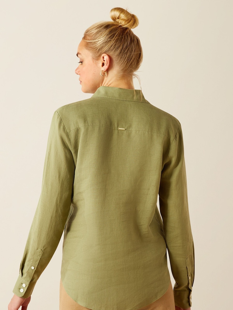 Ariat Green Pocklington 100% Wrinkle Free Linen Popover 100% Linen Shirt - Image 2 of 4