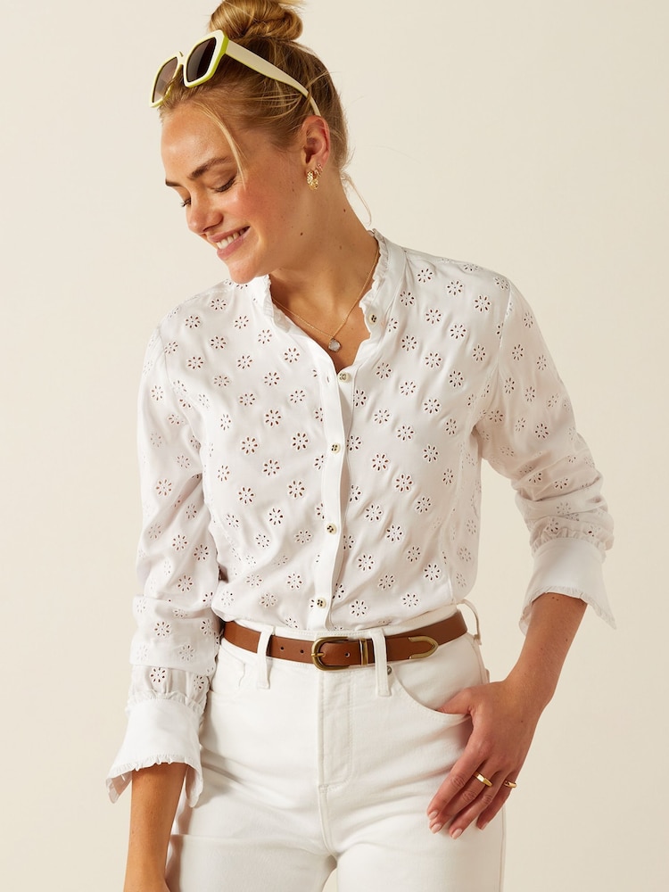 Ariat Clarion Ruffle Neck Broderie White Shirt - Image 1 of 5 Ariat Clarion Ruffle Neck Broderie White Shirt - Image 1 of 5