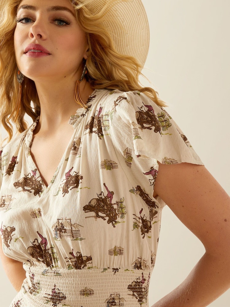 Ariat Cream Stellar Western Rodeo Horse Print Smock Waist Dress - Image 4 of 4 Ariat Cream Stellar Western Rodeo Horse Print Smock Waist Dress - Image 4 of 4