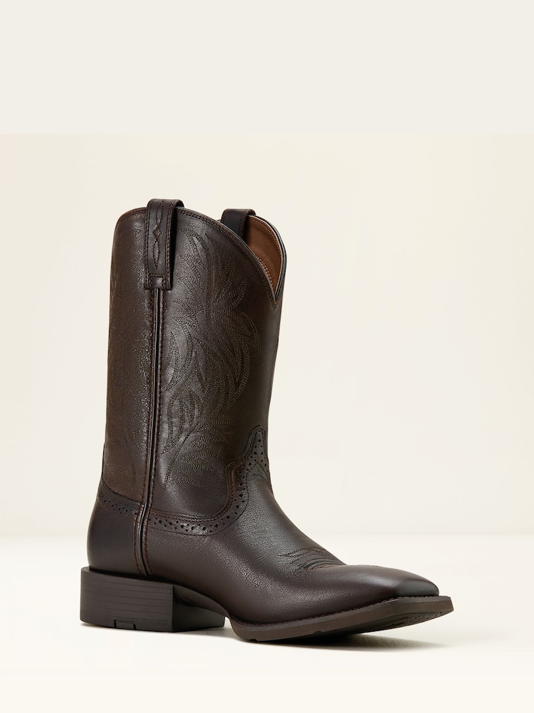 Ariat Sport Wide Square Toe Leather Cowboy Brown Boots - Image 2 of 5
