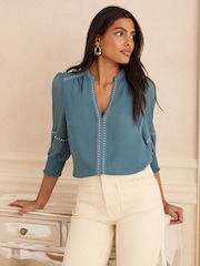 Love & Roses Blue V-Neck Hardware 3/4 Sleeve Blouse - Image 1 of 4