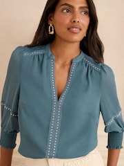 Love & Roses Blue V-Neck Hardware 3/4 Sleeve Blouse - Image 2 of 4