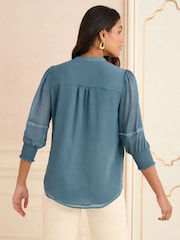 Love & Roses Blue V-Neck Hardware 3/4 Sleeve Blouse - Image 4 of 4