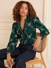 Love & Roses Green Embroidered Long Sleeve Blouse - Image 1 of 4