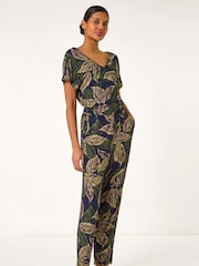 Roman Leaf Print V-Neck Jumpsuit - Imagen 2 de 5