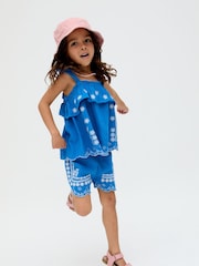 Raffya Blue Savvanah Scalloped Embroidered Hem 100% Cotton Top and Shorts Co-Ord Set - Image 1 of 4