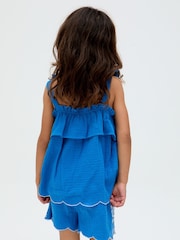 Raffya Blue Savvanah Scalloped Embroidered Hem 100% Cotton Top and Shorts Co-Ord Set - Image 2 of 4