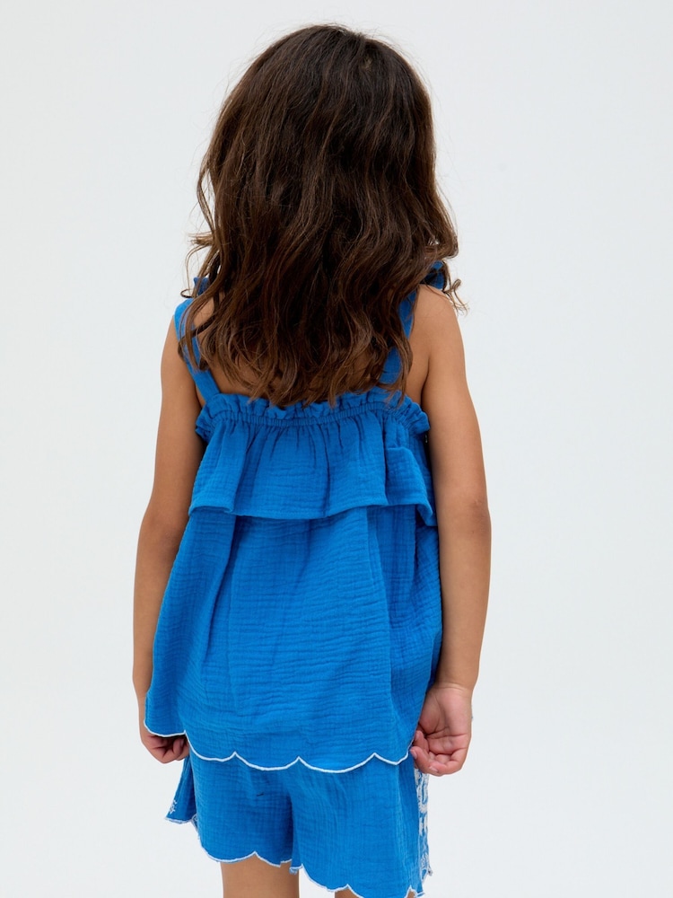 Raffya Blue Savvanah Scalloped Embroidered Hem 100% Cotton Top and Shorts Co-Ord Set - Image 2 of 4