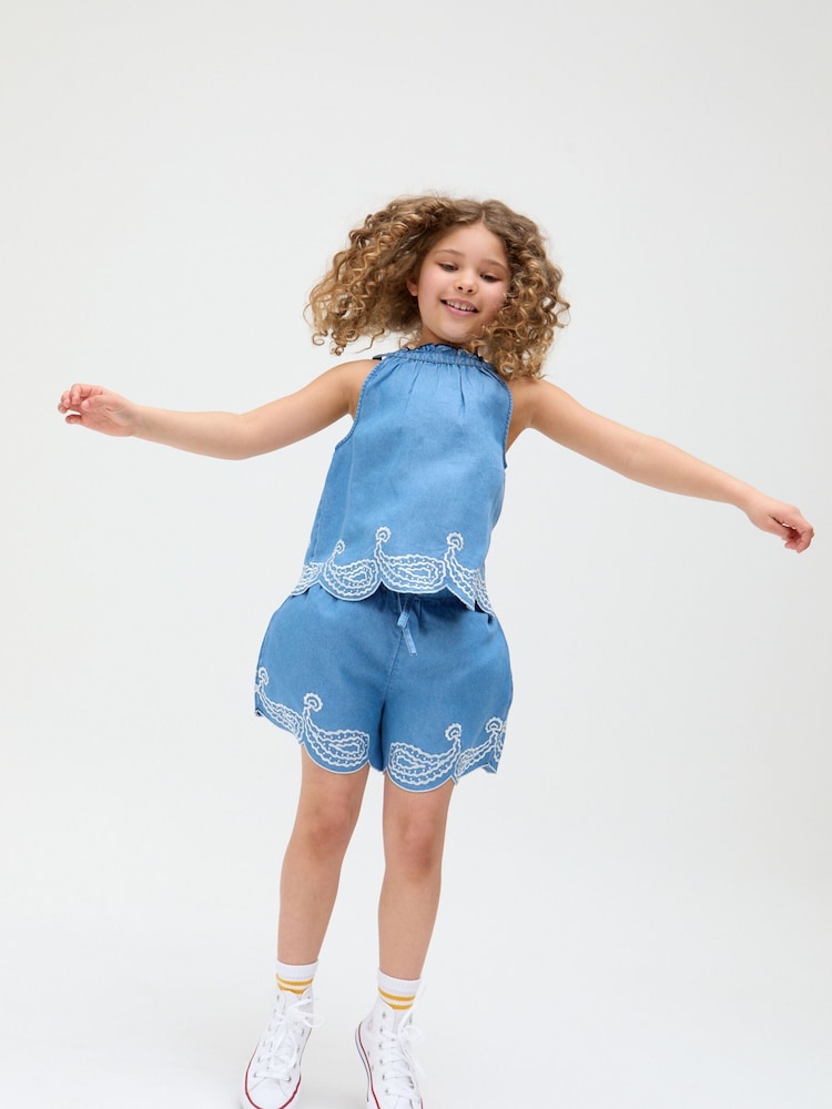 Raffya Blue Sue Embroidery 100% Cotton Top and Shorts Set - Image 1 of 6
