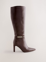 Chocolate Brown Forever Comfort® Knee High Hardware Trim Heeled Boots - Image 1 of 5