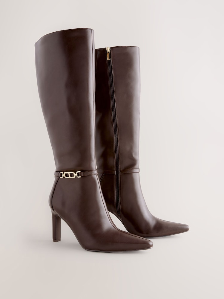 Chocolate Brown Forever Comfort® Knee High Hardware Trim Heeled Boots - Image 2 of 5