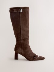 Chocolate Brown Suede Forever Comfort® Buckle Toe Detail Knee High Boots - Image 1 of 5