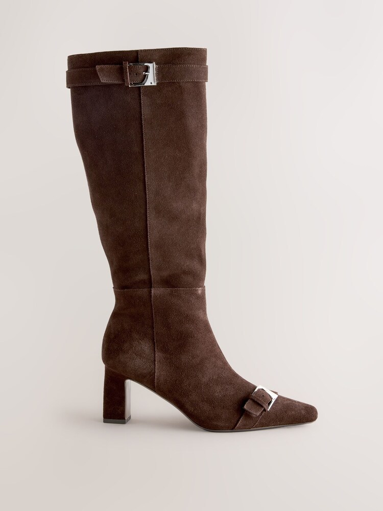 Chocolate Brown Suede Forever Comfort® Buckle Toe Detail Knee High Boots - Image 1 of 5