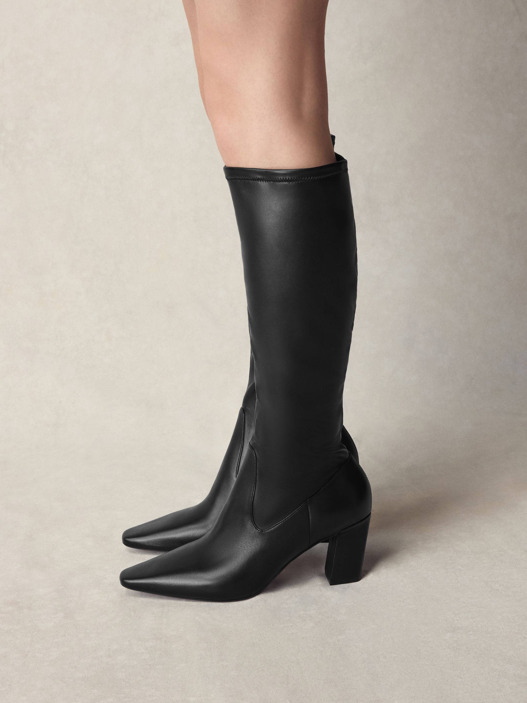 Buy Black Leather N. Premium Knee High Chisel Toe Sock Boots from