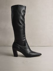 Black Leather N. Premium Knee High Chisel Toe Sock Boots - Image 1 of 6