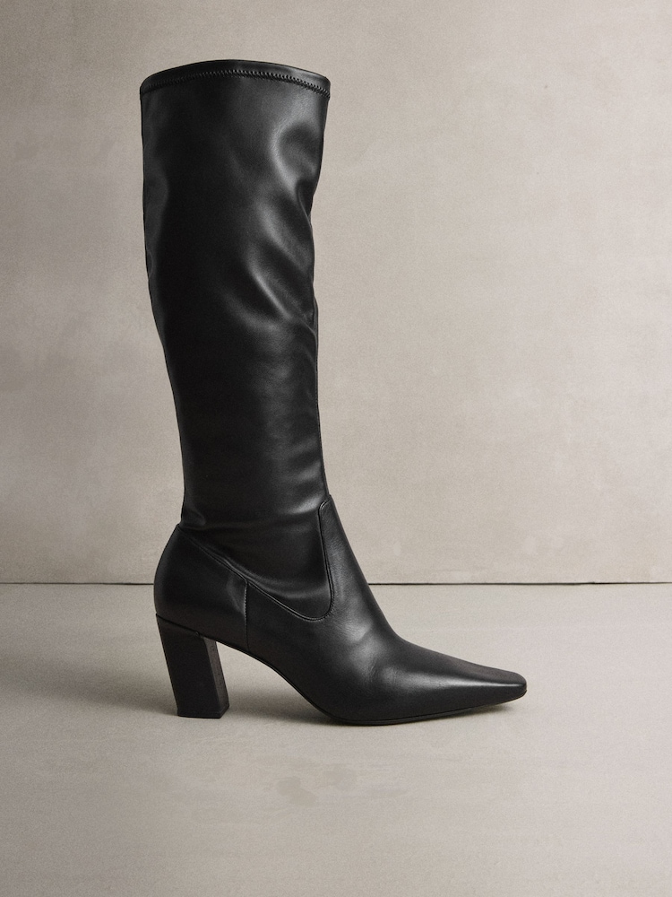 Black Leather N. Premium Knee High Chisel Toe Sock Boots - Image 1 of 6