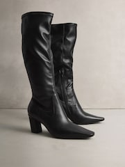 Black Leather N. Premium Knee High Chisel Toe Sock Boots - Image 2 of 6