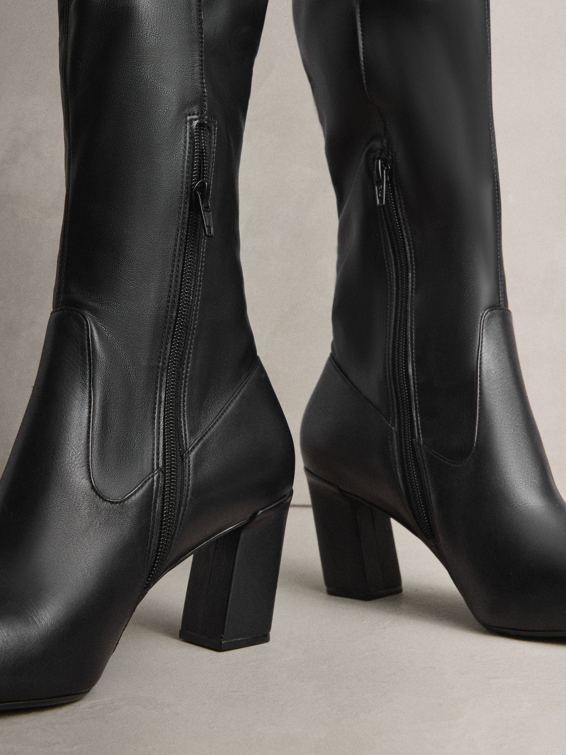 Buy Black Leather N. Premium Knee High Chisel Toe Sock Boots from