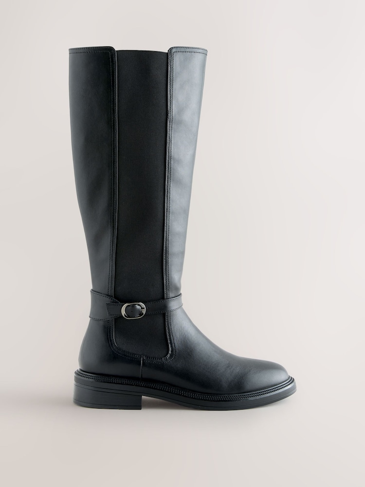 Black Standard/Wide Fit Forever Comfort® Round Toe Buckle Detail Knee High Boots - Image 1 of 5