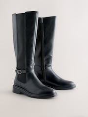 Black Standard/Wide Fit Forever Comfort® Round Toe Buckle Detail Knee High Boots - Image 2 of 5