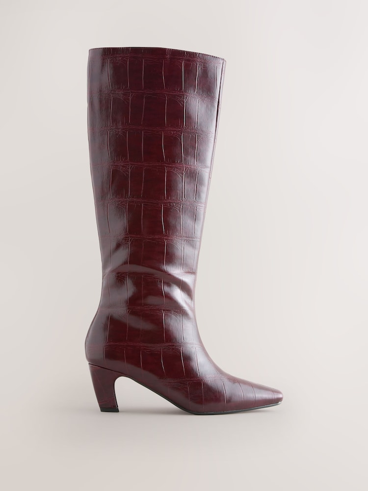 Berry Red Croc Embossed Forever Comfort® Curved Heel Knee High Boots - Image 1 of 5