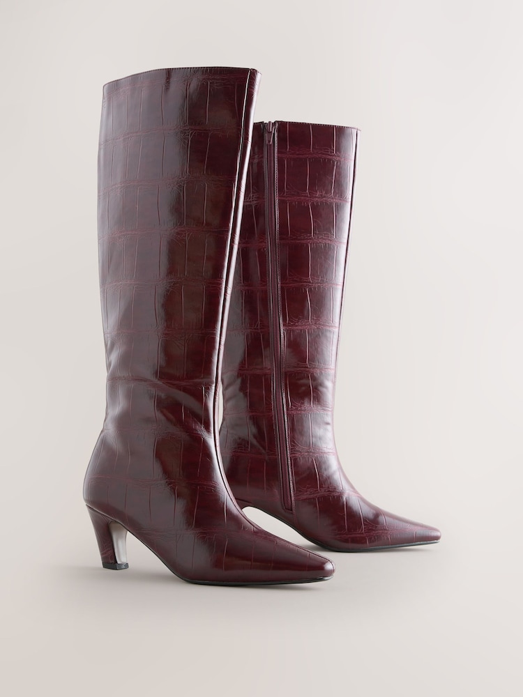 Berry Red Croc Embossed Forever Comfort® Curved Heel Knee High Boots - Image 2 of 5