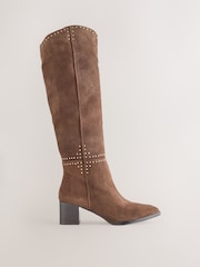 Chocolate Brown Suede Forever Comfort® Studded Knee High Block Heel Boots - Image 1 of 7